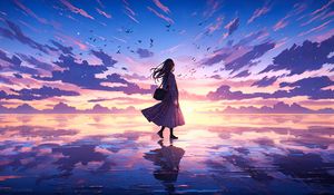 Preview wallpaper girl, lake, ice, sky, reflection, anime, art