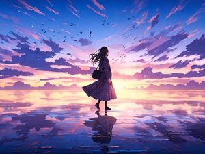 Preview wallpaper girl, lake, ice, sky, reflection, anime, art
