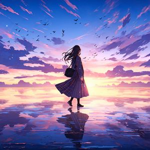 Preview wallpaper girl, lake, ice, sky, reflection, anime, art