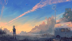 Preview wallpaper girl, landscape, art, morning, sunrise