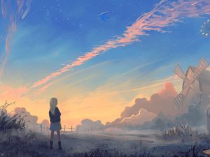 Preview wallpaper girl, landscape, art, morning, sunrise