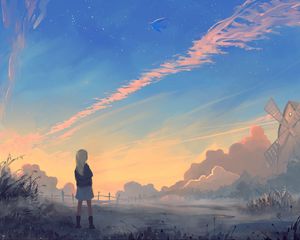 Preview wallpaper girl, landscape, art, morning, sunrise