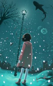 Preview wallpaper girl, lantern, winter, underwater world, fantasy, anime