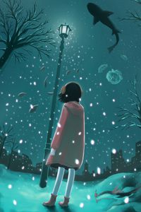 Preview wallpaper girl, lantern, winter, underwater world, fantasy, anime