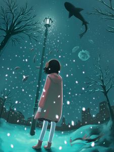 Preview wallpaper girl, lantern, winter, underwater world, fantasy, anime