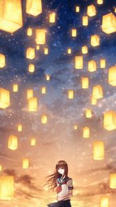 Preview wallpaper girl, lanterns, sky, light, art