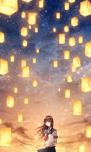 Preview wallpaper girl, lanterns, sky, light, art