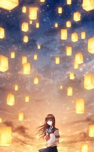 Preview wallpaper girl, lanterns, sky, light, art