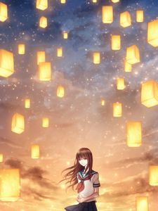 Preview wallpaper girl, lanterns, sky, light, art