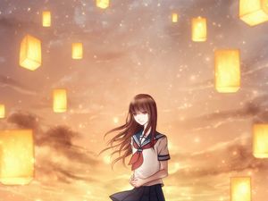 Preview wallpaper girl, lanterns, sky, light, art