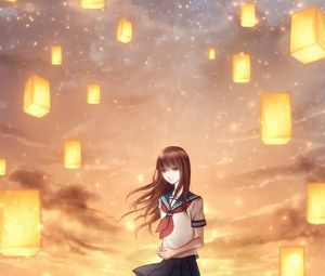 Preview wallpaper girl, lanterns, sky, light, art