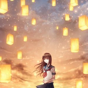 Preview wallpaper girl, lanterns, sky, light, art