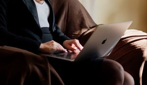 Preview wallpaper girl, laptop, work, aesthetics