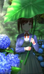 Preview wallpaper girl, leaf, umbrella, hydrangea, flowers, anime