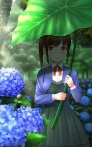 Preview wallpaper girl, leaf, umbrella, hydrangea, flowers, anime