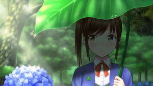 Preview wallpaper girl, leaf, umbrella, hydrangea, flowers, anime