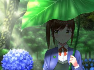 Preview wallpaper girl, leaf, umbrella, hydrangea, flowers, anime