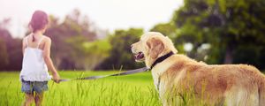 Preview wallpaper girl, leash, dog, walk, grass, park