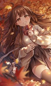 Preview wallpaper girl, leaves, autumn, anime