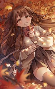Preview wallpaper girl, leaves, autumn, anime