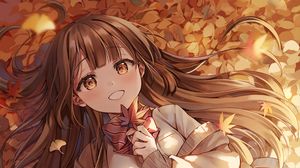 Preview wallpaper girl, leaves, autumn, anime