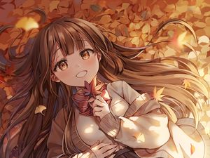 Preview wallpaper girl, leaves, autumn, anime