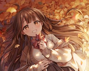 Preview wallpaper girl, leaves, autumn, anime