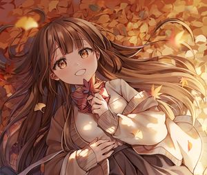 Preview wallpaper girl, leaves, autumn, anime