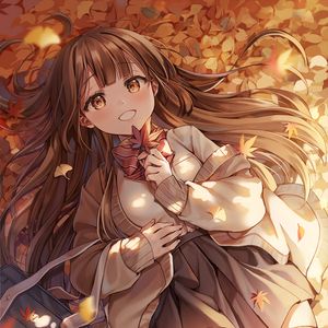 Preview wallpaper girl, leaves, autumn, anime