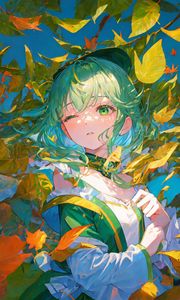 Preview wallpaper girl, leaves, branches, autumn, anime