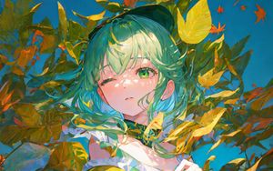 Preview wallpaper girl, leaves, branches, autumn, anime