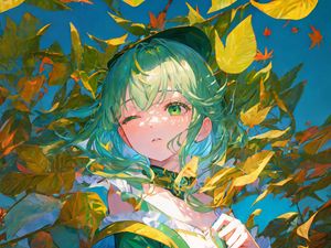 Preview wallpaper girl, leaves, branches, autumn, anime