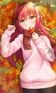 Preview wallpaper girl, leaves, maple, autumn, anime