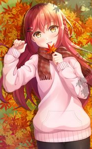 Preview wallpaper girl, leaves, maple, autumn, anime