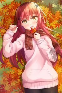 Preview wallpaper girl, leaves, maple, autumn, anime