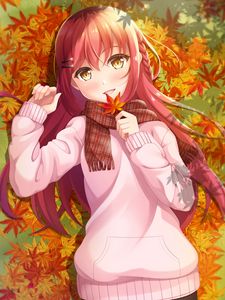 Preview wallpaper girl, leaves, maple, autumn, anime