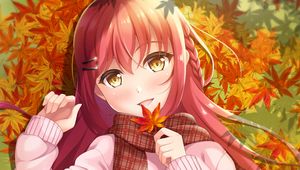 Preview wallpaper girl, leaves, maple, autumn, anime