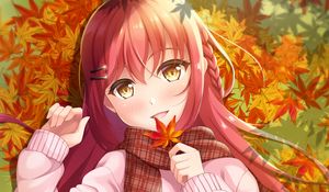 Preview wallpaper girl, leaves, maple, autumn, anime