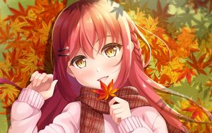 Preview wallpaper girl, leaves, maple, autumn, anime