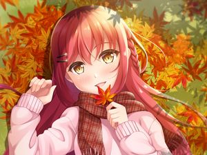 Preview wallpaper girl, leaves, maple, autumn, anime