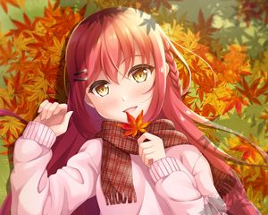 Preview wallpaper girl, leaves, maple, autumn, anime