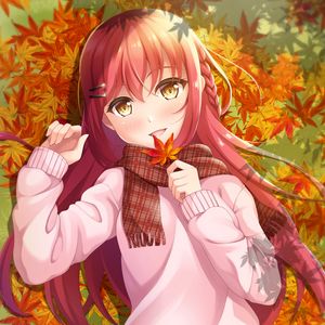 Preview wallpaper girl, leaves, maple, autumn, anime