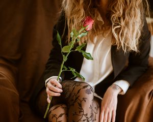 Preview wallpaper girl, legs, stockings, rose, flower