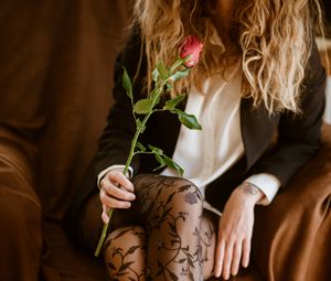 Preview wallpaper girl, legs, stockings, rose, flower