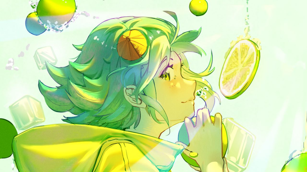 Wallpaper girl, lemonade, lemons, bubbles, anime