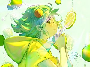 Preview wallpaper girl, lemonade, lemons, bubbles, anime