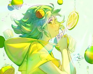 Preview wallpaper girl, lemonade, lemons, bubbles, anime