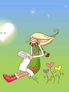 Preview wallpaper girl, letter, love, suspense, grass, illustration