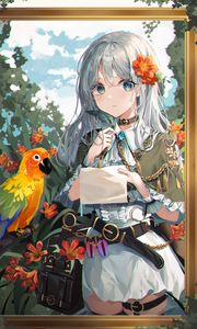 Preview wallpaper girl, letter, parrot, anime, art