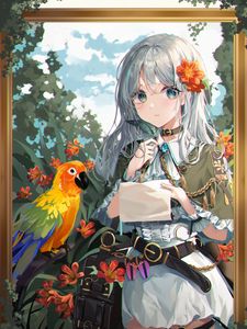Preview wallpaper girl, letter, parrot, anime, art